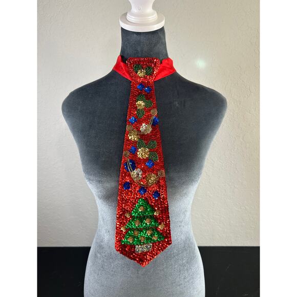 Vtg- Festive Christmas Sequin Silk Tie- Adjustable neck- womens sparkle beaded - Picture 1 of 7